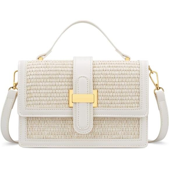 Women White Top Handle Straw Crossbody Bags Summer Straw Purses Hand Bag - Picture 1 of 7